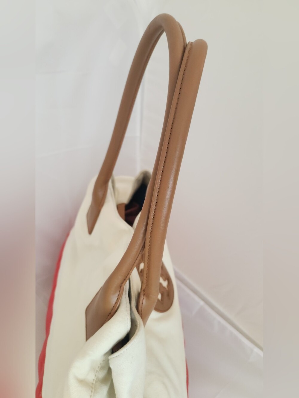 Tory Burch Cream and Red Canvas Tote with Tan Leather Trim Nearly PERCECT - Picture 10 of 13